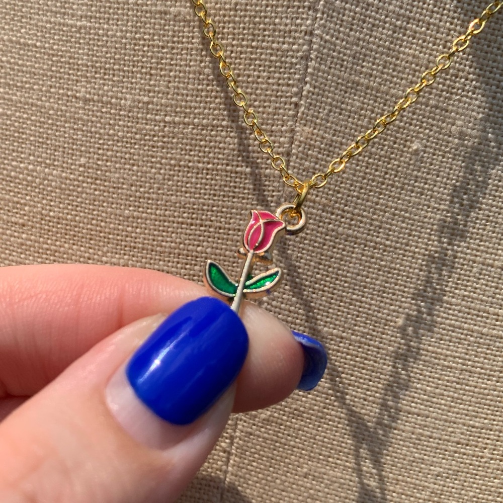 NWT Sterling Silver Plated Chain, Enamel Rose Flower Alloy Charm Neckkace - Picture 14 of 15